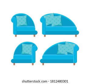 Set of sofas and armchairs in a flat style, house modern canaps vector colored illustration