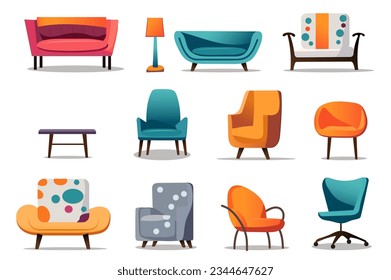 Set of sofas in the flat cartoon design. A stylish set of illustrated sofas with exquisite wooden details and colorful fabrics. Vector illustration.