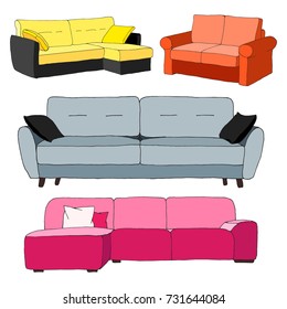 Set sofas isolated on white background.Vector illustration in a sketch style.