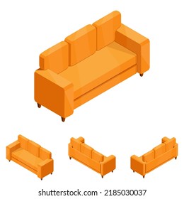 Set of sofas in isometry. New sofa in different angles in isometric projection. 3d image of home furniture. Vector illustration in cartoon and game style.