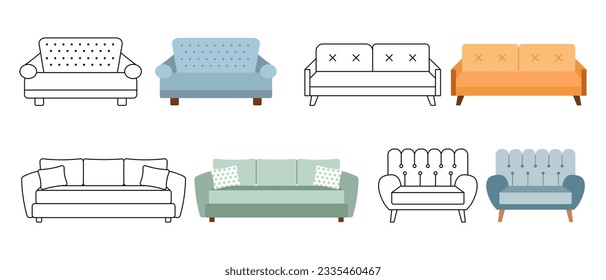 A set of sofas, ottomans. Collection of upholstered furniture for the home. Icons, illustrations, sketch, vector