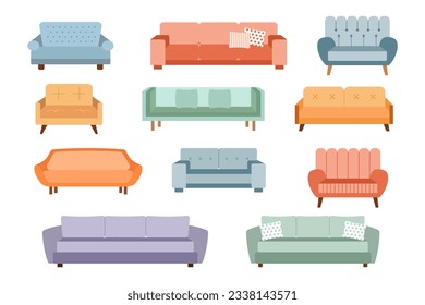 A set of sofas, ottomans. Collection of upholstered furniture for the home. Icons, illustrations, vector