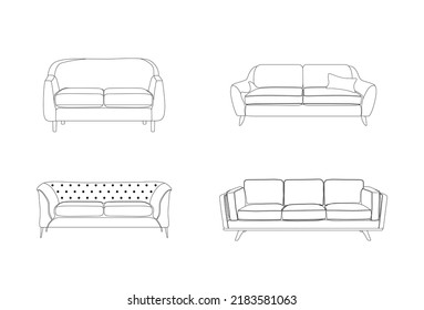 Set of sofas in outline style on white background. Modern interior design. Furniture for a living room or office. Vector illustration 