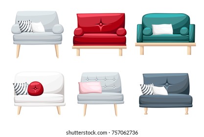 
Set of sofas with pillows isolated on white background. Vector illustration. Website page and mobile app design
