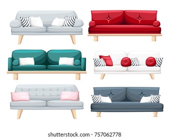 Set of sofas with pillows isolated on white background. Vector illustration. Website page and mobile app design