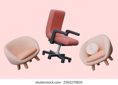 Set of soft armchairs of different types. Furniture for rest and work