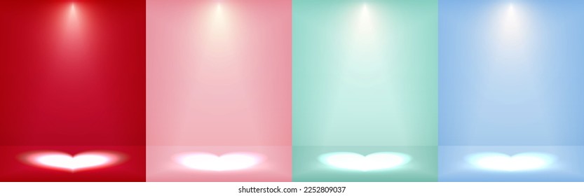 Set of soft background Pastel Red, Pink, Green, and Blue with Heart-shaped lights shining on the ground. Empty for product display. Elements for Valentine's day. Minimal style. Vector illustration