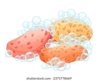 Set of soft bath sponge with soap bubbles hygiene washing tool vector illustration isolated on white background