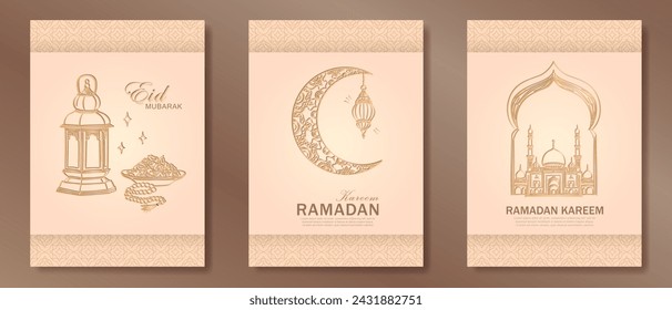 Conjunto de tarjetas de felicitación verticales de Ramadán Kareem beige suave con la mano dibujado lineal de oro Mezquita, luna creciente, linterna árabe, fechas, cuentas de rezo de rosario musulmán y marco de patrón arabesco