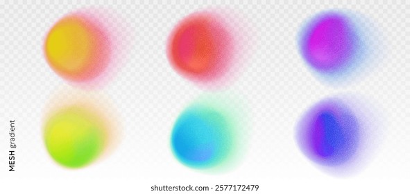 Set of soft blurry circle shaped gradients. Colorful fluid paint, spots, blobs, color gradations with soft noise, grainy texture. Abstract isolated creative design elements for posters, print, web etc