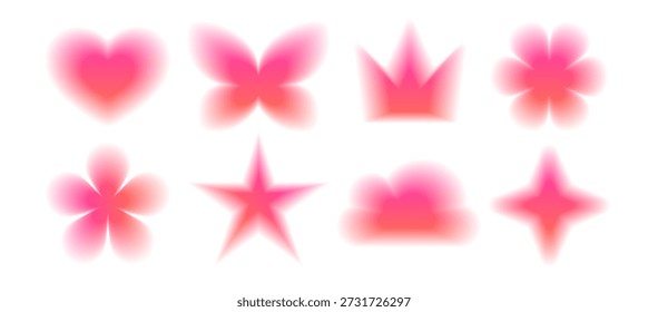 Set of soft blurry gradient shapes with ethereal pink and peach glow. Vector collection of dreamcore silhouettes including crown, heart, star, and butterfly isolated on white. Modern romantic aura aesthetic and Y2K dreamy design elements.