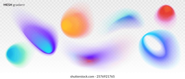 Set of soft blurry gradients various shapes. Colorful fluid paint, spots, color gradations with soft noise, grainy texture. Abstract isolated creative design elements for posters, print, web etc.