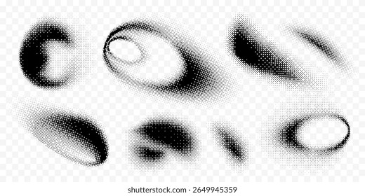 Conjunto de gradientes monocromáticos de meio-tom borrado suave em várias formas. Pontos pixelados, gradações com ruído, textura granulada. Elementos isolados abstratos de design criativo para cartazes, impressão de banner.
