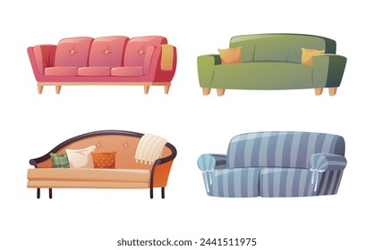 Set of soft comfortable home sofas. Living room interior decoration. Vector isolated cartoon illustration collection.