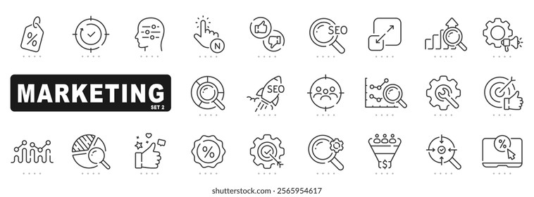 Set of soft digital marketing line icons. Advertising, strategy, seo etc. Editable stroke. Set 2