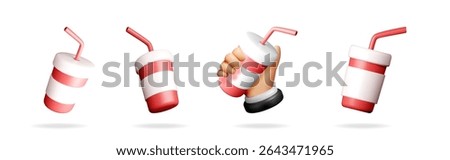 Set of soft drink cup with straw and hand holding soda cup for fast food and street beverage concept.