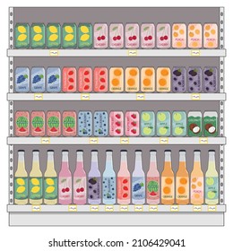 Set of soft drinks in aluminum cans and glass bottles with soda and lemonade on shelves in supermarket. Carbonated non-alcoholic water with fruit and berry flavors. Hand drawn vector illustration