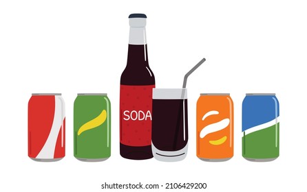 Set of soft drinks in aluminum cans and glass bottle with soda. Carbonated non-alcoholic sweet water with different soda flavors. Hand drawn vector illustration isolated on white background