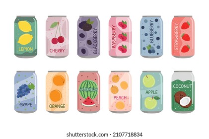 Conjunto de refrescos en latas de aluminio con soda y limonada. Agua no alcohólica carbonada con sabor a fruta y baya. Ilustración vectorial dibujada a mano aislada en fondo blanco