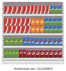 Set of soft drinks in aluminum cans with soda on shelves in supermarket. Carbonated non-alcoholic water with different flavors. Hand drawn vector illustration