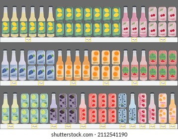 Set de refrescos en latas de aluminio y botellas de vidrio con soda y limonada en estanterías en supermercado. Agua no alcohólica carbonada con sabor a fruta y baya. Ilustración vectorial dibujada por mano