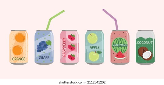 Set of soft drinks in aluminum cans with soda and lemonade, straws. Carbonated non-alcoholic water with fruit and berry flavors. Hand drawn vector illustration isolated on color background