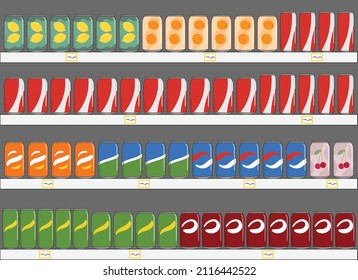 Set of soft drinks in aluminum cans with soda on shelves in supermarket. Carbonated non-alcoholic water with different flavors. Hand drawn vector illustration