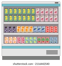 Set Of Soft Drinks In Aluminum Cans With Soda And Lemonade On Shelves In Supermarket Fridge. Carbonated Non-alcoholic Water With Fruit, Berry Flavors. Hand Drawn Vector Illustration