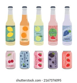 Set of soft drinks in aluminum cans and glass bottles with soda and lemonade. Carbonated non-alcoholic water with fruit and berry flavors. Hand drawn vector illustration isolated on white background