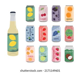 Set of soft drinks in aluminum cans with soda and lemonade. Carbonated non-alcoholic water with fruit and berry flavors. Hand drawn vector illustration isolated on white background