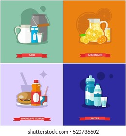 Set of soft drinks concept banners, posters. Milk, lemonade, pure and sparkling water design templates, vector illustration in flat style