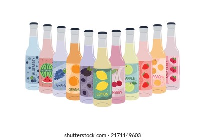 Set of soft drinks in glass bottles with soda and lemonade. Carbonated non-alcoholic water with fruit and berry flavor. Hand drawn vector illustration