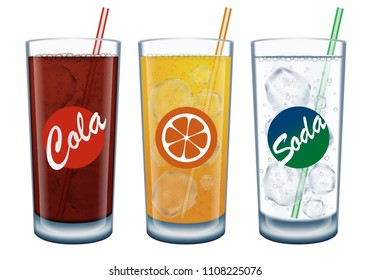 Set of soft drinks. Glasses of soda with ice cubes and straw. Photo-realistic vector illustration isolated on white background.