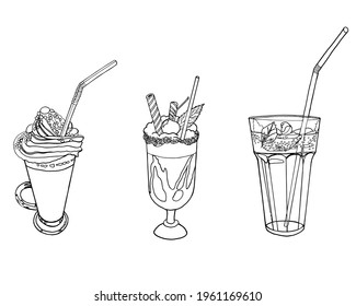 A set of soft drinks and milkshakes. Vector illustration on a white background.