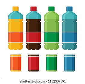 Set of soft drinks in plastic and aluminum packaging. 