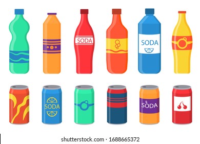 A set of soft drinks in plastic and aluminum packaging. Bottled drink, vitamin juice, sparkling or natural water in tanks, plastic bottles. Sparkling water with different flavors. Vector illustration.