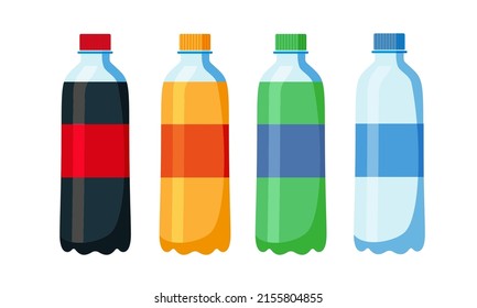 Set of soft drinks in plastic and aluminum packaging. Carbonated water with different flavors. Vector, illustration in flat style isolated on white background EPS10.