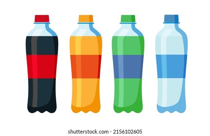 Set of soft drinks in plastic and aluminum packaging. Carbonated water with different flavors. Vector, illustration in flat style isolated on white background EPS10.