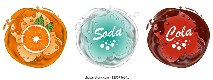 Set of soft drinks. Soda with splash. Photo-realistic vector illustration isolated on white background. Perfect for label design and advert.