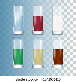 Set Of Soft Drinks In The Transparent Glases. Water, Juice, Milk, Soda, Cola. 3d Photo Realistic Vector Illustration