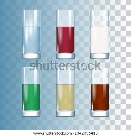 Set Of Soft Drinks In The Transparent Glases. Water, Juice, Milk, Soda, Cola. 3d Photo Realistic Vector Illustration
