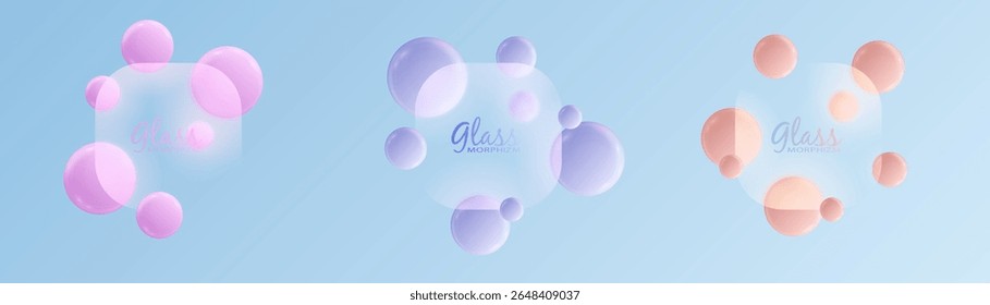 Set of soft glassmorphism layouts with pastel spheres and frosted panels on light background. Clean design elements for UI concepts, app mockups, templates and minimalistic visuals.