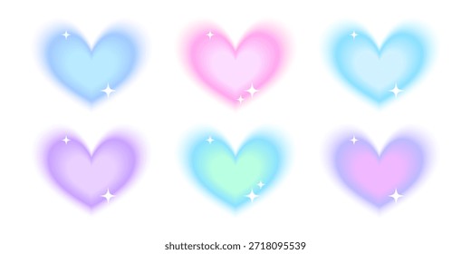 Set von weichen, glühenden Herzillustrationen im Aura-Stil in Blau und Rosa, jeweils mit subtilen Sternenfunkeln