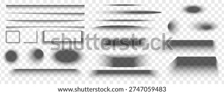 Set of soft gray shadow effects isolated on transparent background. Square, oval, round and rectangular shade shapes with blurry edges for box or page mockups. Vector realistic illustration.