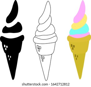 Conjunto de helados blandos en blanco y negro y multicolor. Ilustración de la comida en estilo doodle. icono para imprimir para el menú del restaurante y la servilleta de papel.