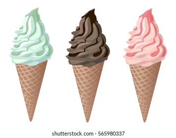 Set of soft ice cream in waffle cones with chocolate syrup poured sauces. pistachio mint strawberry. vector illustration