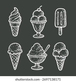 Set of soft ice cream waffled cone in black background hand drawn vector illustration