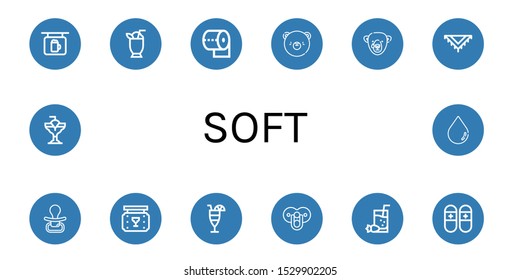 Set of soft icons. Such as Bar, Cocktail, Toilet paper, Bear, Shawl, Pacifier, Slippers, Blur , soft icons