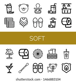 Set of soft icons such as Cocktail, Mattress, Bear, Shawl, Pacifier, Slippers, Bar, Toilet paper, Melt, Cotton swabs, Marshmallow, Tissue box, Soda , soft