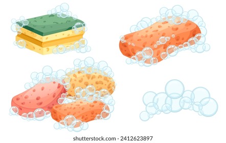 Set of soft kitchen or batch sponge with soap bubbles housework cleaning tool vector illustration isolated on white background